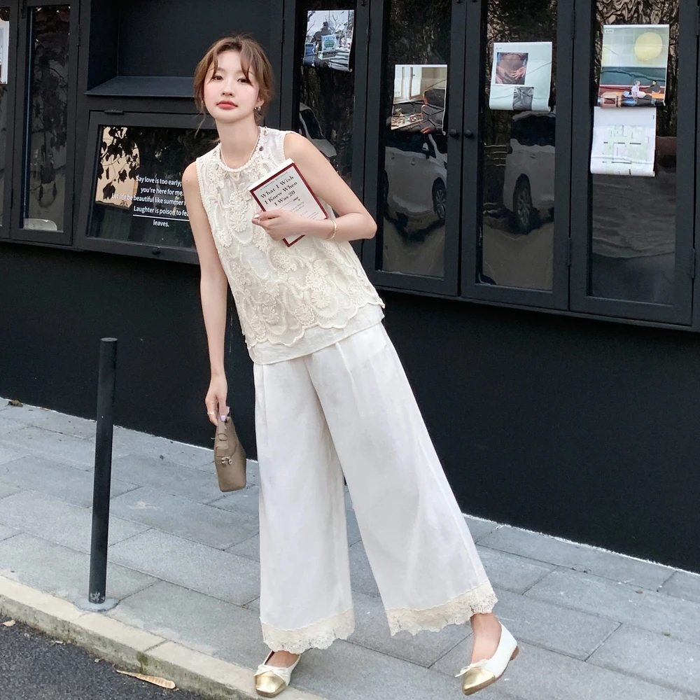 时尚复古重工刺绣提花背心套装女2025年夏季新款直筒阔腿裤两件套