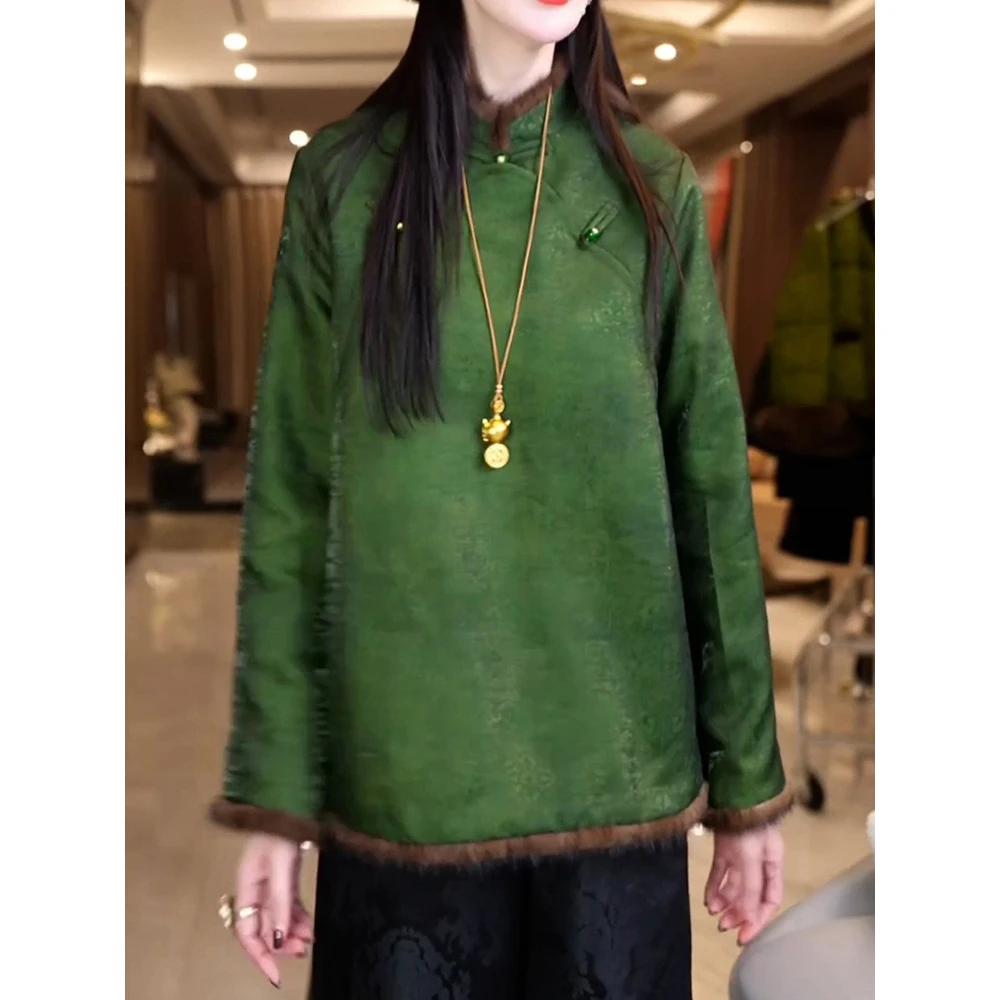 新中式国风立领盘扣夹棉衬衫女2025秋冬新款轻奢百搭宽松加厚上衣