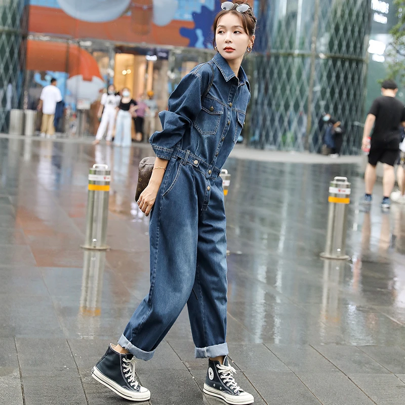 洋气高腰牛仔连体裤套装女2025春新款宽松磨白休闲工装连衣裤春季