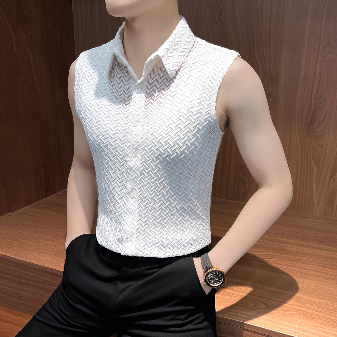 镂空无袖衬衫男款夏季薄款痞帅高级感男装波浪纹纯色修身男士衬衣