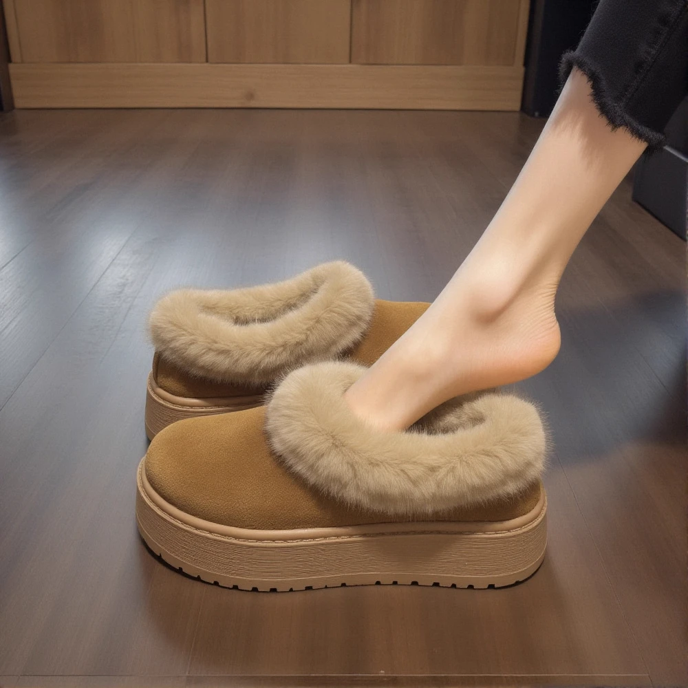 水貂绒厚底毛毛鞋女2025新款冬季加绒保暖防滑美拉德勃肯增高棉鞋