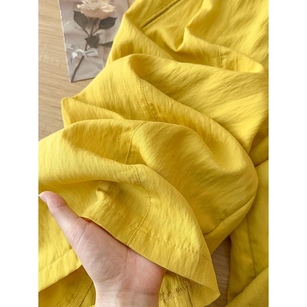 高端黄色棉麻风琴裤女夏季2025新款夏日轻薄凉凉裤天丝亚麻阔腿裤