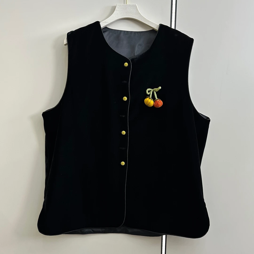 早秋新中式黑色丝绒南瓜马夹宽松薄款法式大码洋气时尚百搭