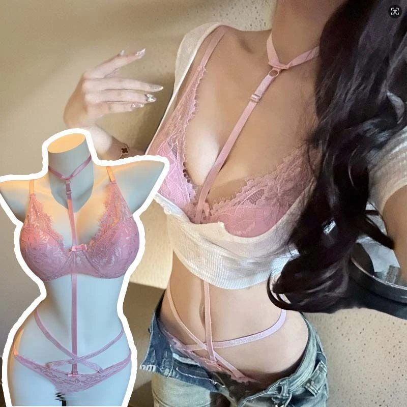 【蜜桃甜心】平胸小胸显大粉色挂脖性感纯欲内衣套装设计感小众内搭