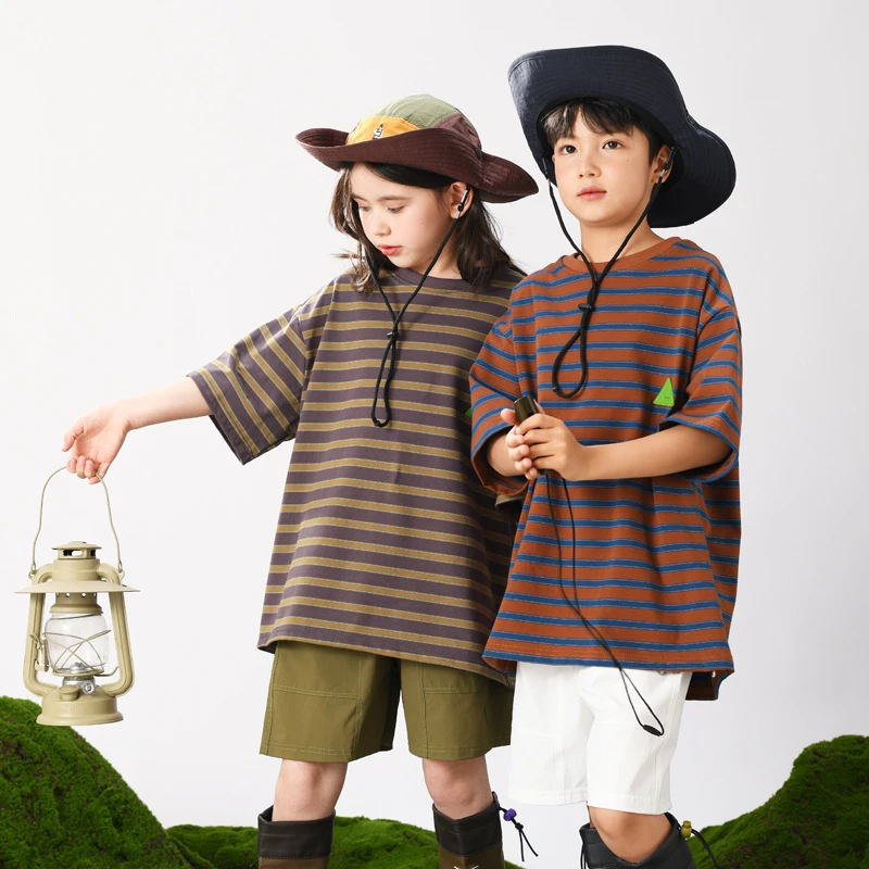 Vonbonkids登山户外运动纯棉短袖夏季条纹男女童T