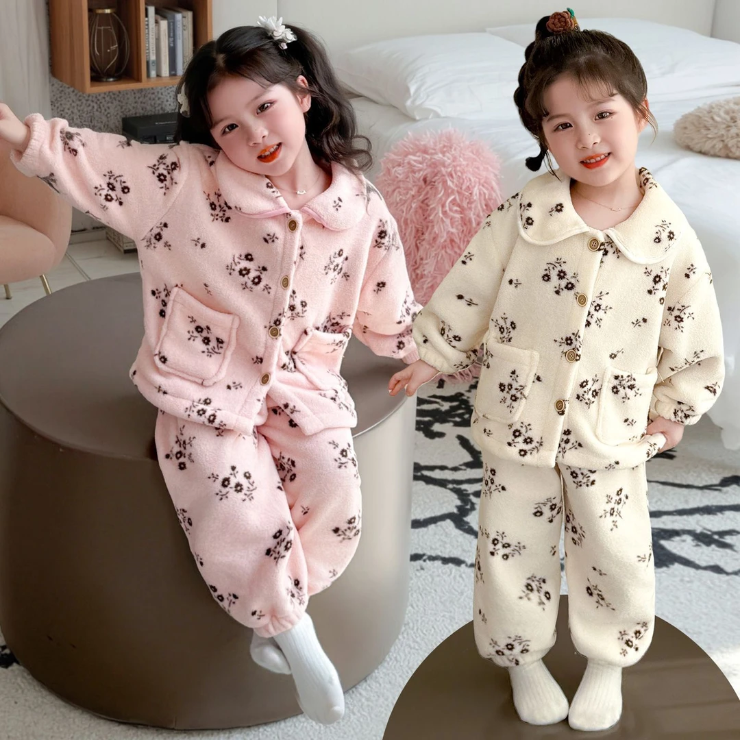 女童睡衣2025新款秋冬季加绒加绒保暖宝宝儿童法兰绒家居服