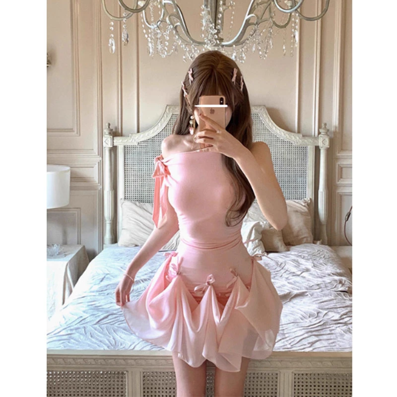 2025春季法式辣妹纯欲风多穿针织拼接雪纺设计感露肩长款连衣裙女