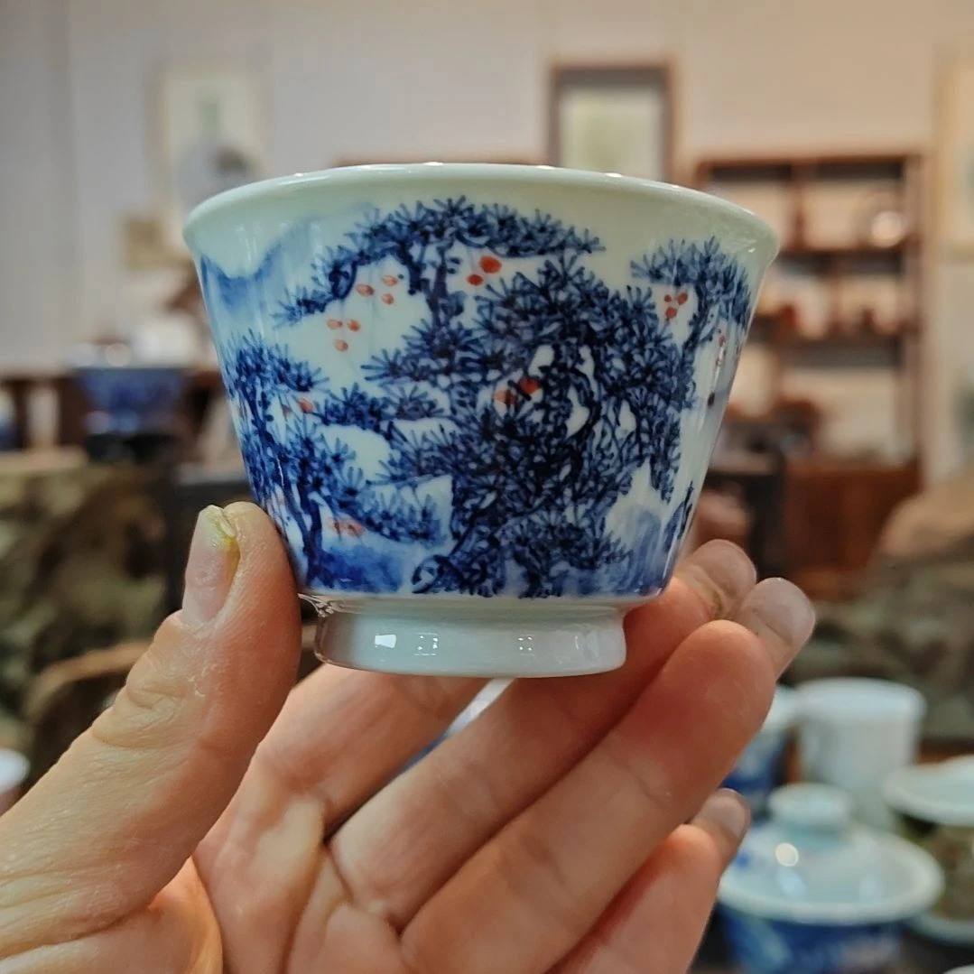 景德镇手工手绘松下问童子马蹄杯