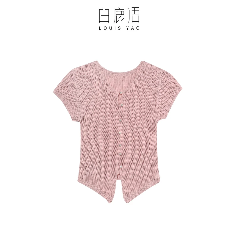 DY【商场同款新品】白鹿语多色珍珠装饰短袖针织衫上衣（播）YU2025