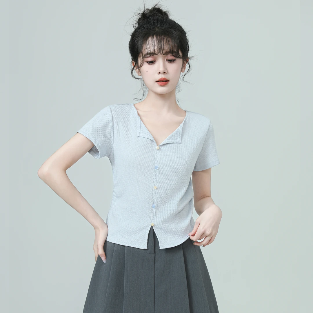 蓝色V领短袖T恤女夏2025夏季新款设计感褶皱显瘦体恤短款掐腰上衣