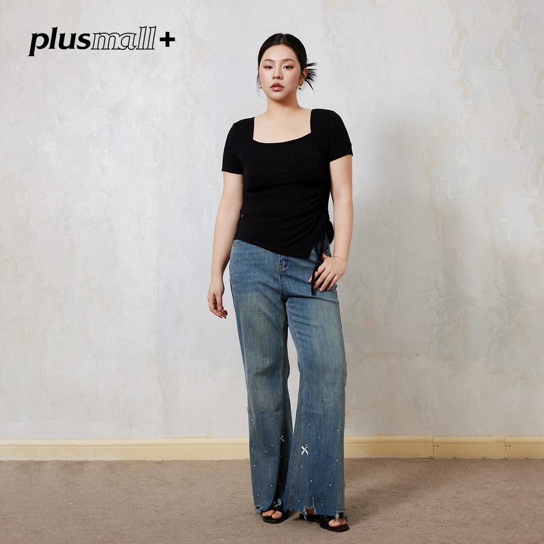 PLUSMALL 腿精芭比 水洗牛仔重工猫须蝴蝶结烫钻喇叭裤PM2503044