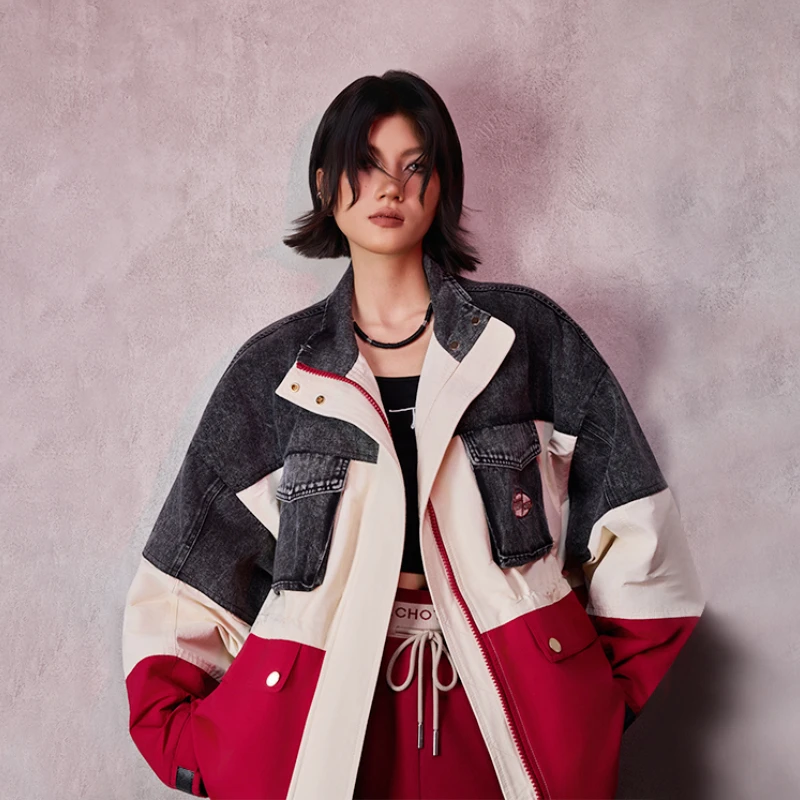 TUOGU/拓谷时尚上衣短外套秋季修身型直下摆服装拼色短款Q52610