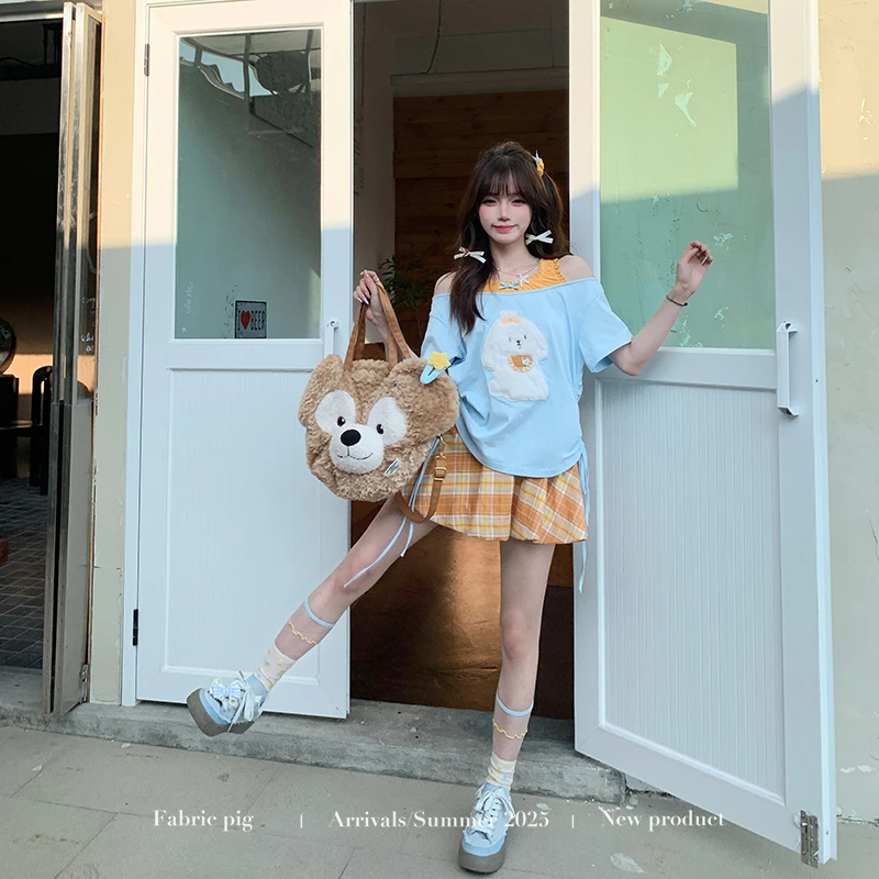 南瓜小狗 织物猪原创 甜美风蓝色假两件露肩上衣女夏立体宽松短T