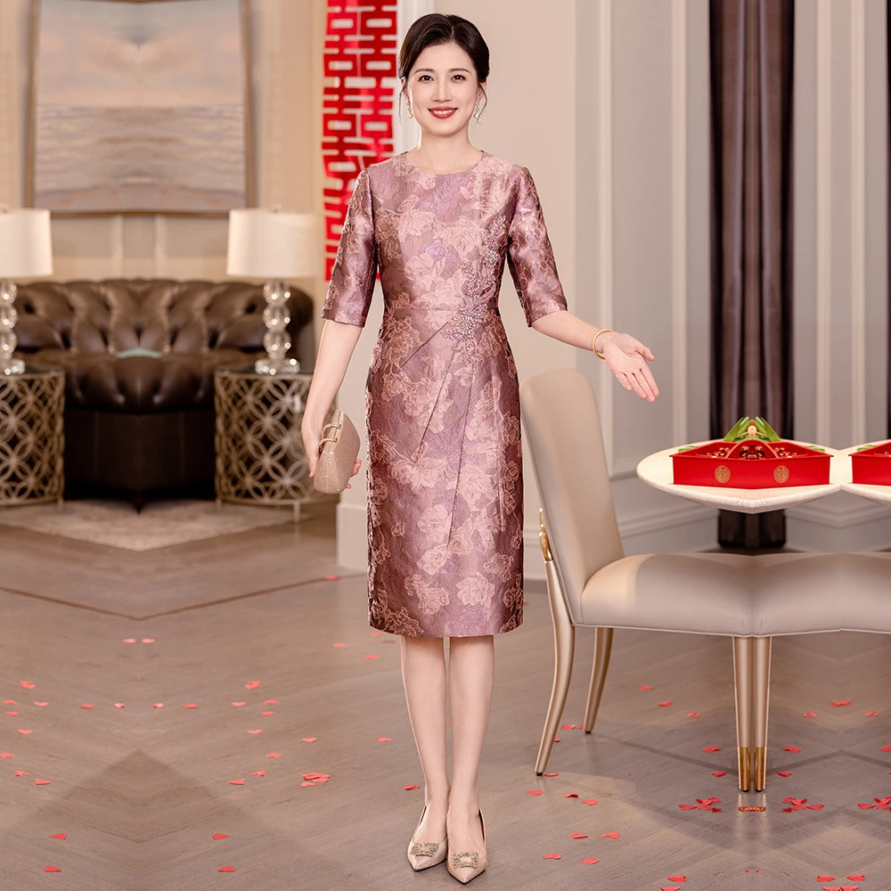 春秋冬款喜妈妈婚宴礼服粉色中袖旗袍高贵感喜婆婆显年轻新中式款