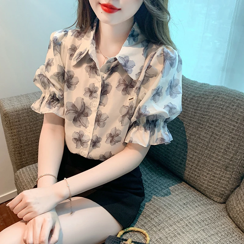 法式甜美减龄雪纺衬衫复古水墨画印花衬衣女夏季POLO领泡泡袖上衣