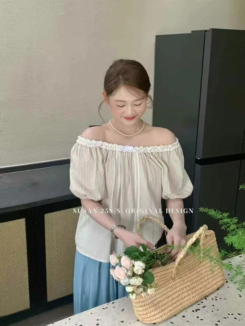 susan@ts097 韩系重工圆领泡泡袖条纹小衫 6-25