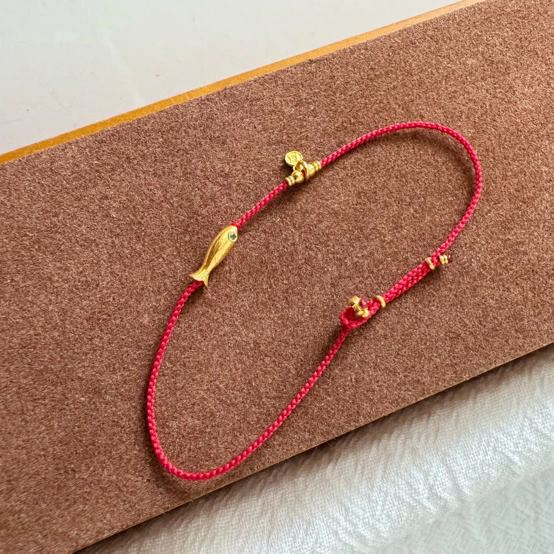 「富余」足金999古法黄金手工编织红绳本命年手绳脚链闺蜜小众礼物