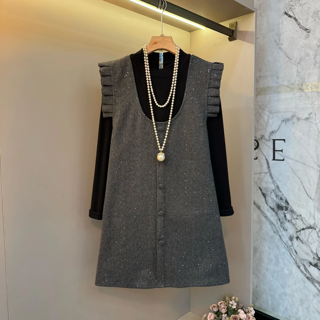 秋季新款大码女装胖妹轻熟风气质名媛打底衫背带裙两件套2626