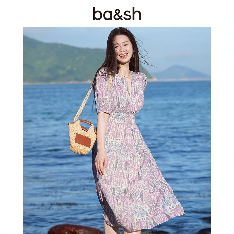 【流光风】ba&sh2025春夏莫奈花园气质V领碎花印花连衣裙1E25PANI