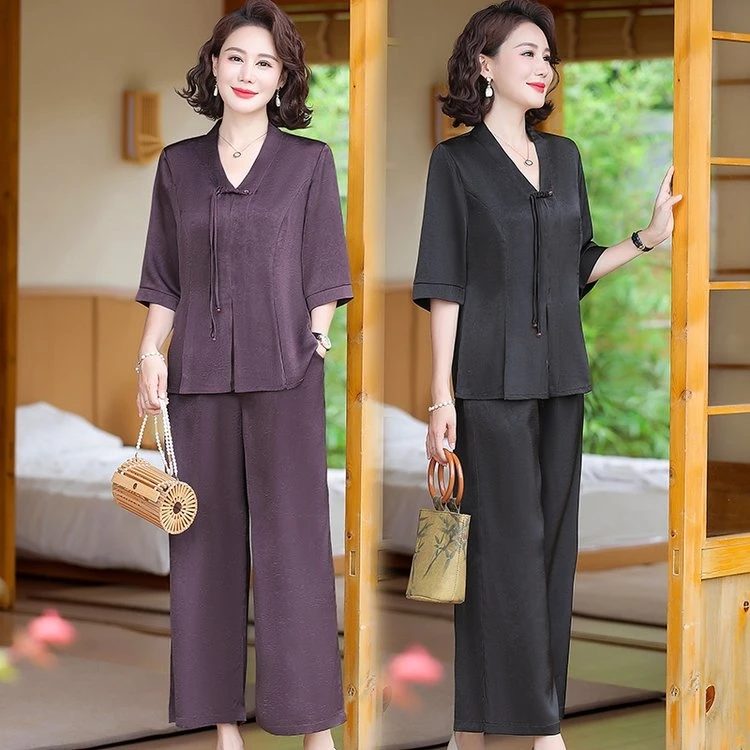 8815夏季新款古韵套装中袖上衣裤子两件套纯色加大加肥时尚气质