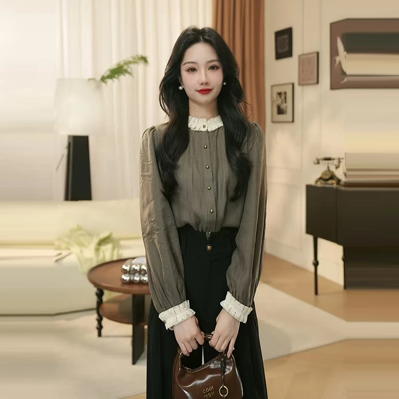 春季新款长袖显瘦拼接立领衬衫上衣法式百搭小众春季设计感衬衣女