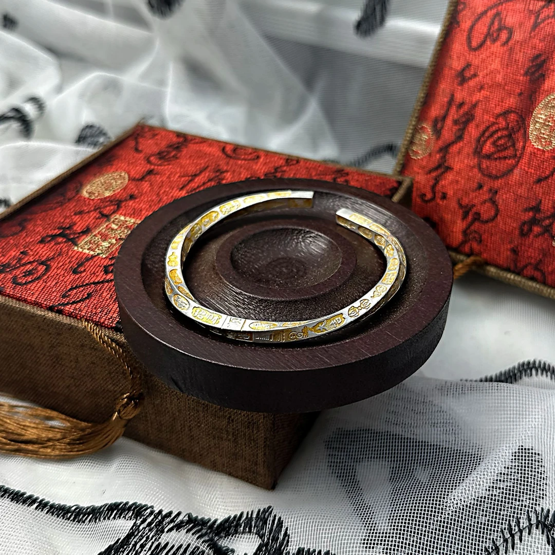 足银手镯 176  开口莫比乌斯描金吉言经典百搭手工