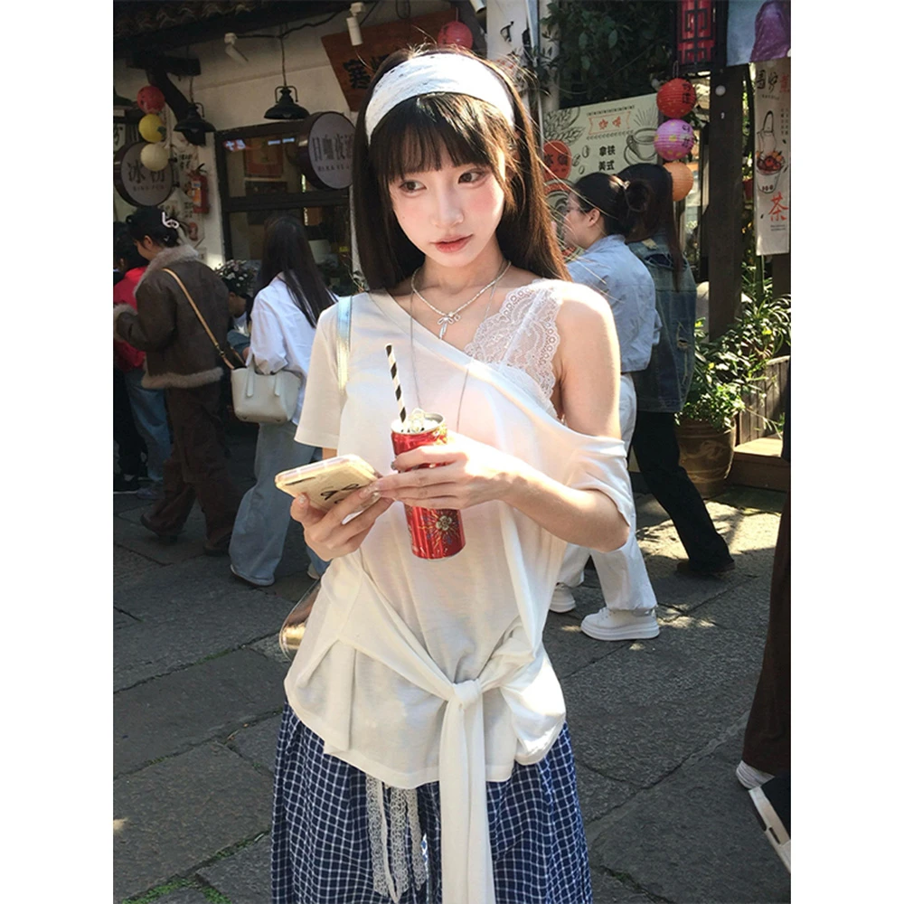 美式辣妹斜肩短袖女夏季薄款T恤罩衫宽松露肩上衣