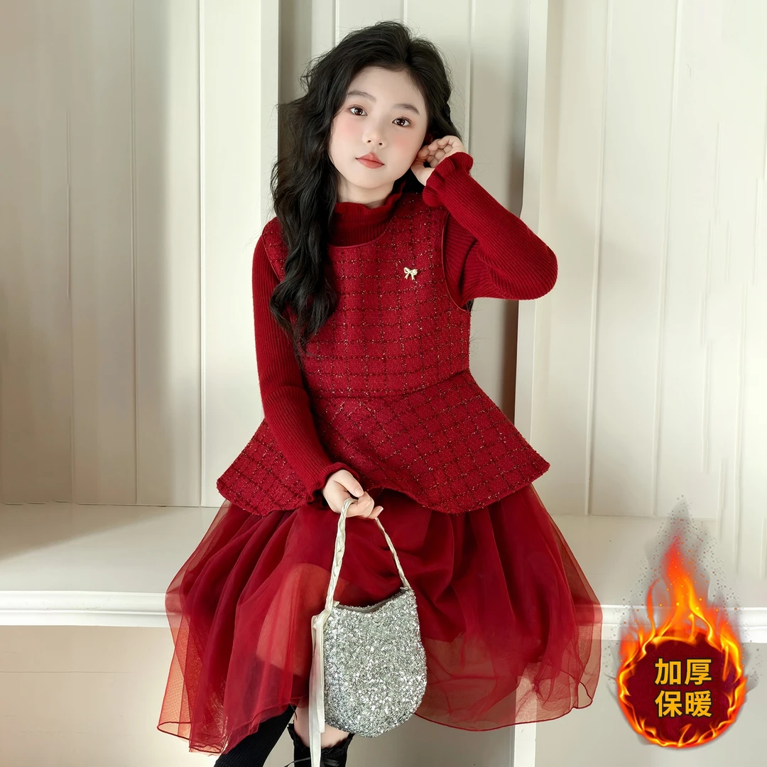 女童冬季加厚红色连衣裙女大童洋气时髦秋冬款儿童拜年服套装裙子