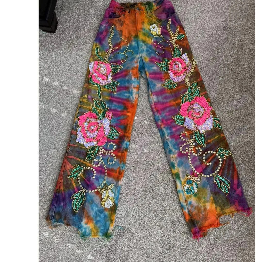 T40 直筒印花长裤女士复古中式民族风做旧绣花重工刺绣中国风裤子