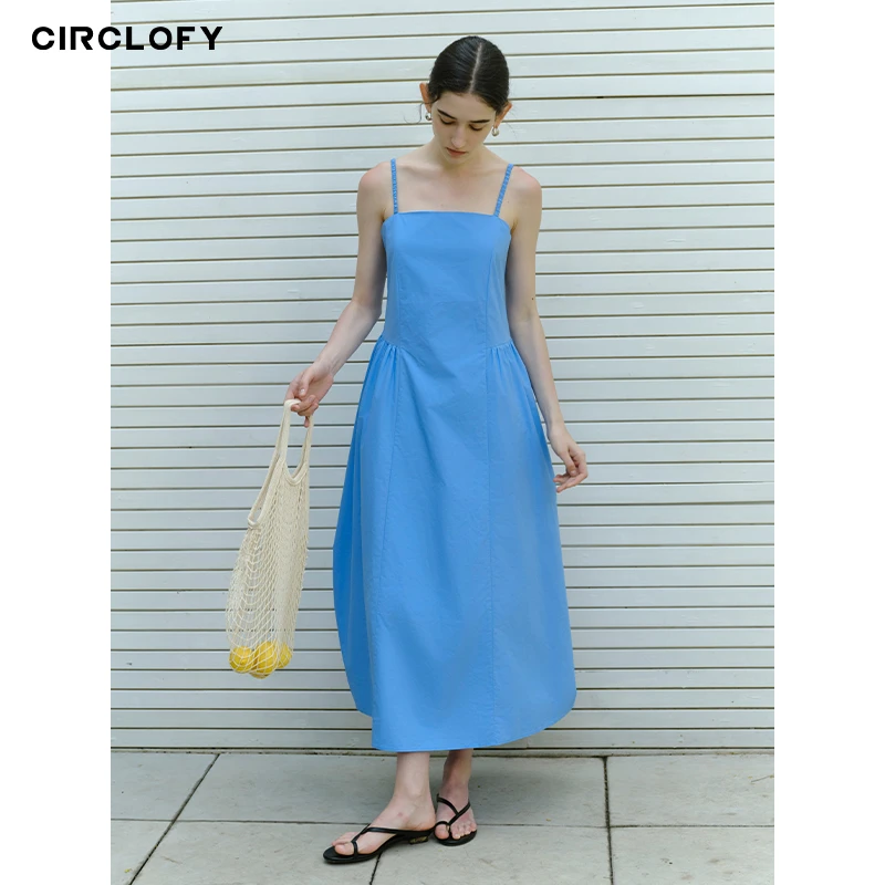 CIRCLOFY瑟夕 高级感简约蓝色时尚收腰显瘦吊带连衣裙CIVA423030