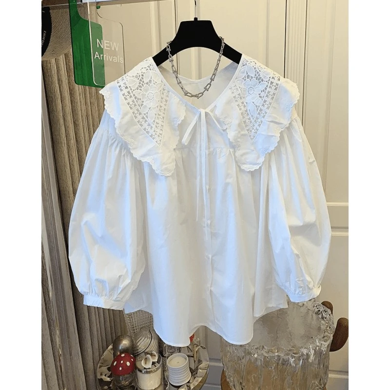 春季超好看绝美法式大翻领灯笼袖蕾丝刺绣白衬衫减龄娃娃衫上衣女