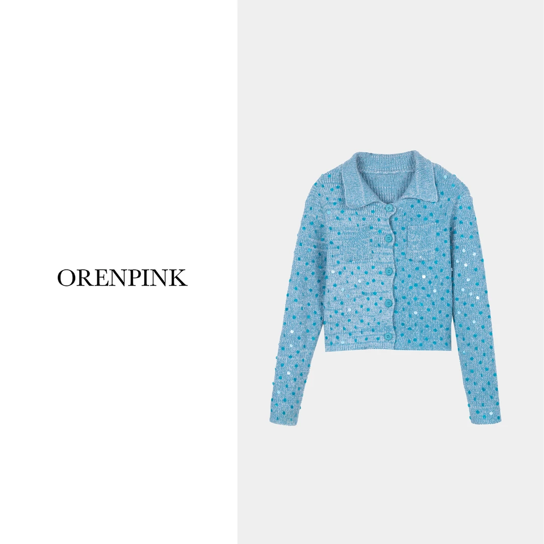 OREN PINK/奥粉25年新款早春款蓝色海洋珠片针织女装开衫外套