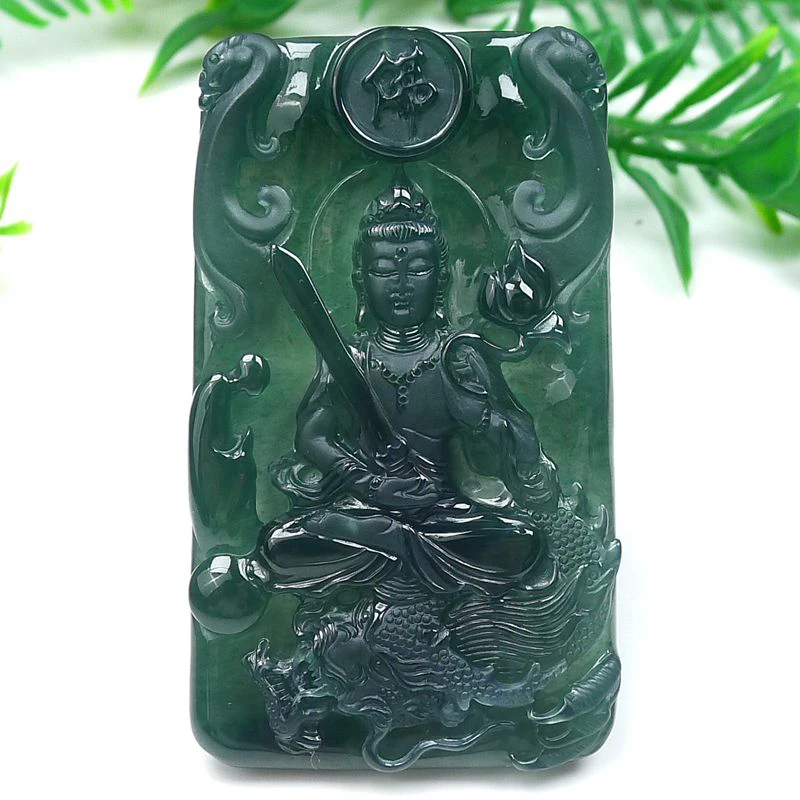 天然A货翡翠冰种老蓝水御龙虚空藏观音菩萨挂件尺寸74.3-43-8.5mm
