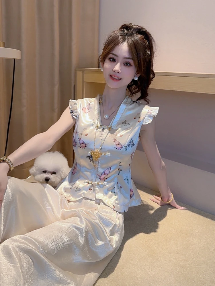 2025新中式国风穿搭轻奢高级感禅意风小飞袖盘扣马甲阔腿裤套装女