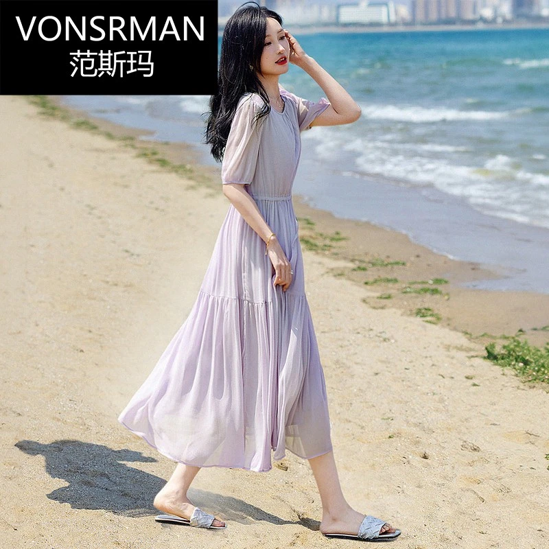 法式慵懒度假风连衣裙女2025夏季新款气质简约收腰显瘦雪纺中长裙