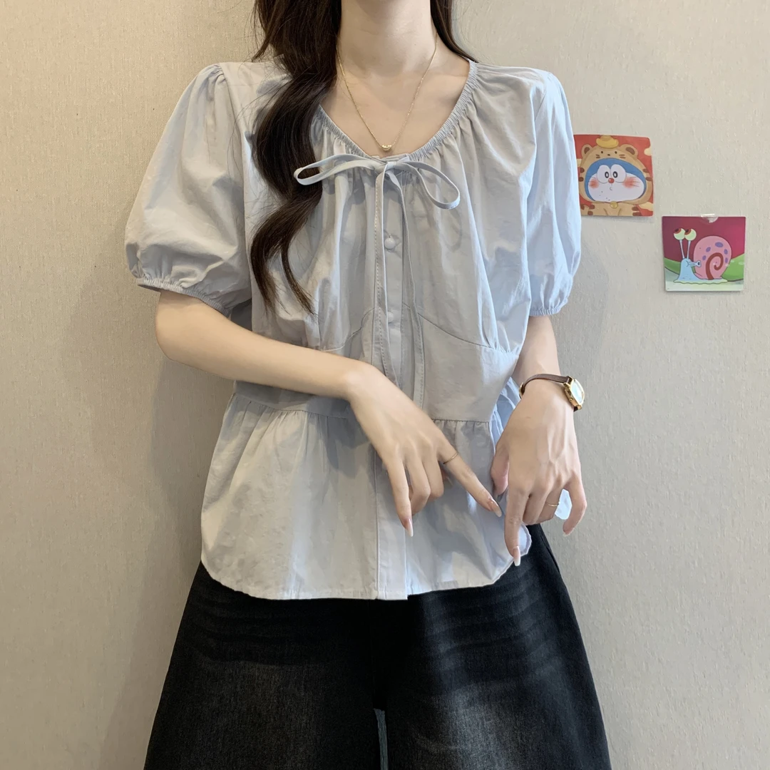 大码女装遮肚子泡泡袖正肩小众衬衫女夏季胖mm宽松显瘦娃娃衫上衣