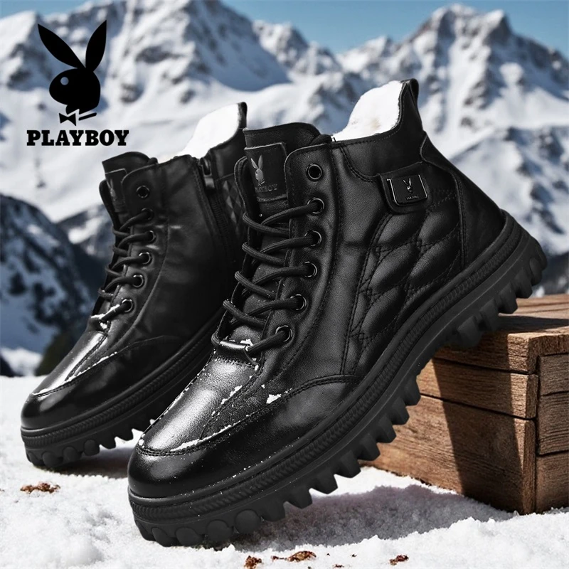 PLAYBOY/花花公子棉鞋男款靴子冬季户外加绒加厚休闲高帮保暖男鞋