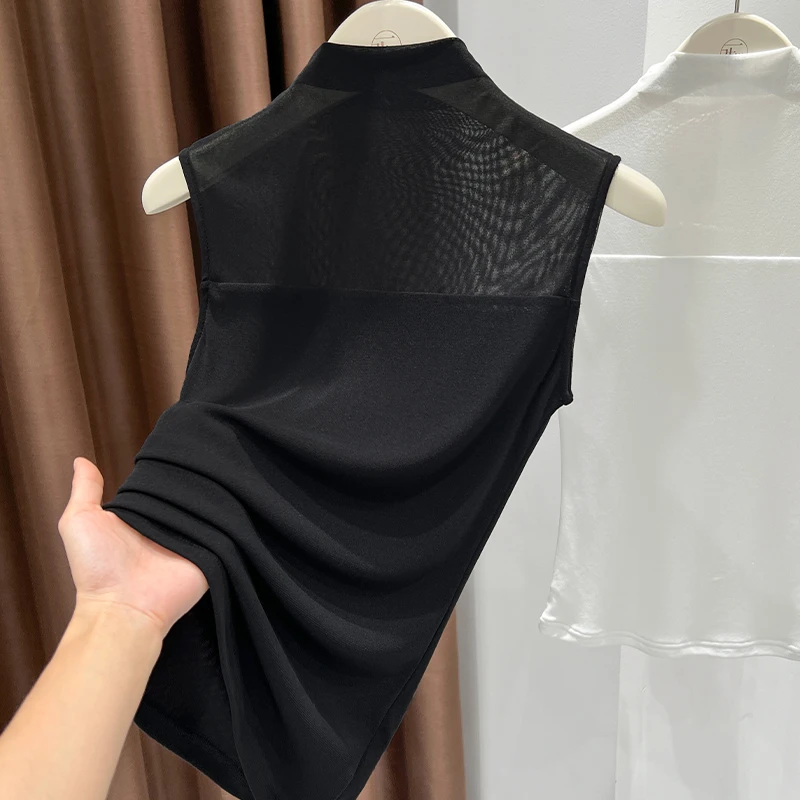 黑色半高领无袖背心上衣女秋季新款洋气内搭叠穿打底衫网纱蕾丝衫