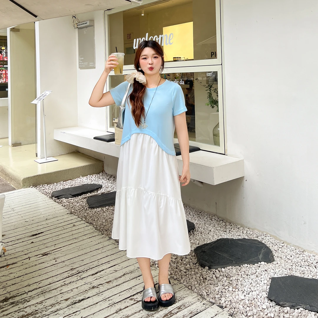 41-清大码百分百时尚显瘦百搭撞色拼接圆领连衣裙1463