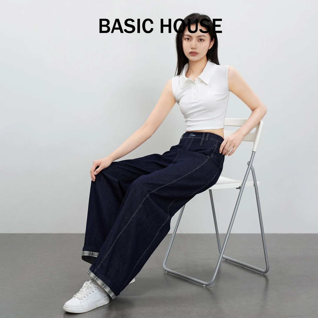 Basic House百家好夏季薄款牛仔裤女高腰显瘦翻边格纹阔腿裤9762