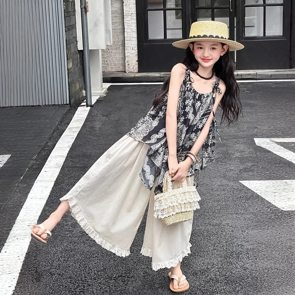 女童夏季新款吊带中大童不规则印花上衣复古洋气薄款阔腿裤套装