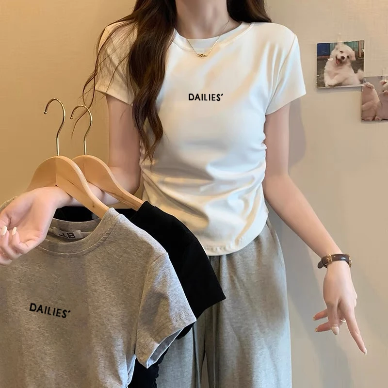 不规则褶皱圆领短袖t恤女夏季设计感修身短款小个子正肩体恤上衣