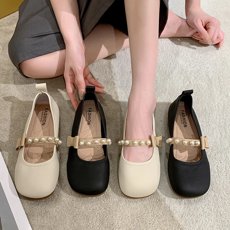 35-43码 大码女鞋胖脚宽肥春秋新款玛丽珍鞋子平底软底豆豆单鞋42