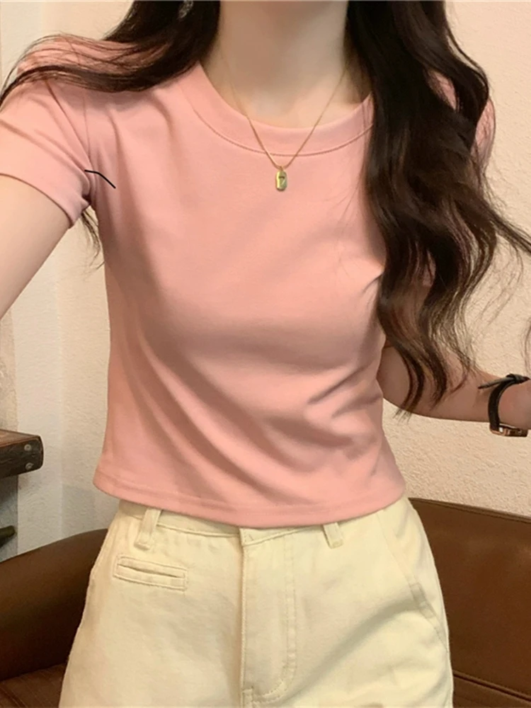 圆领正肩t恤女短袖夏季2025新款美式修身短款高腰辣妹纯欲上衣服