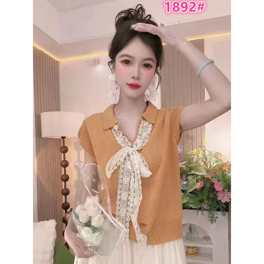 夏季立领气质拼接蕾丝透气短袖时尚洋气显瘦休闲网红上衣