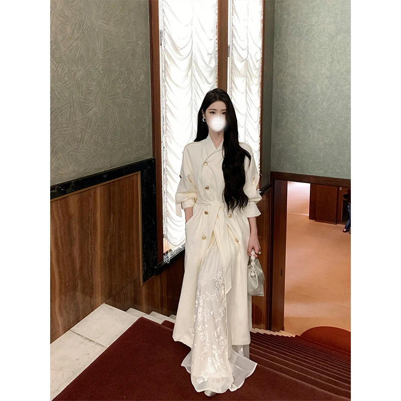 巨好看风衣女2025新款中长款外套高个子亚麻大衣2025早秋新款穿搭