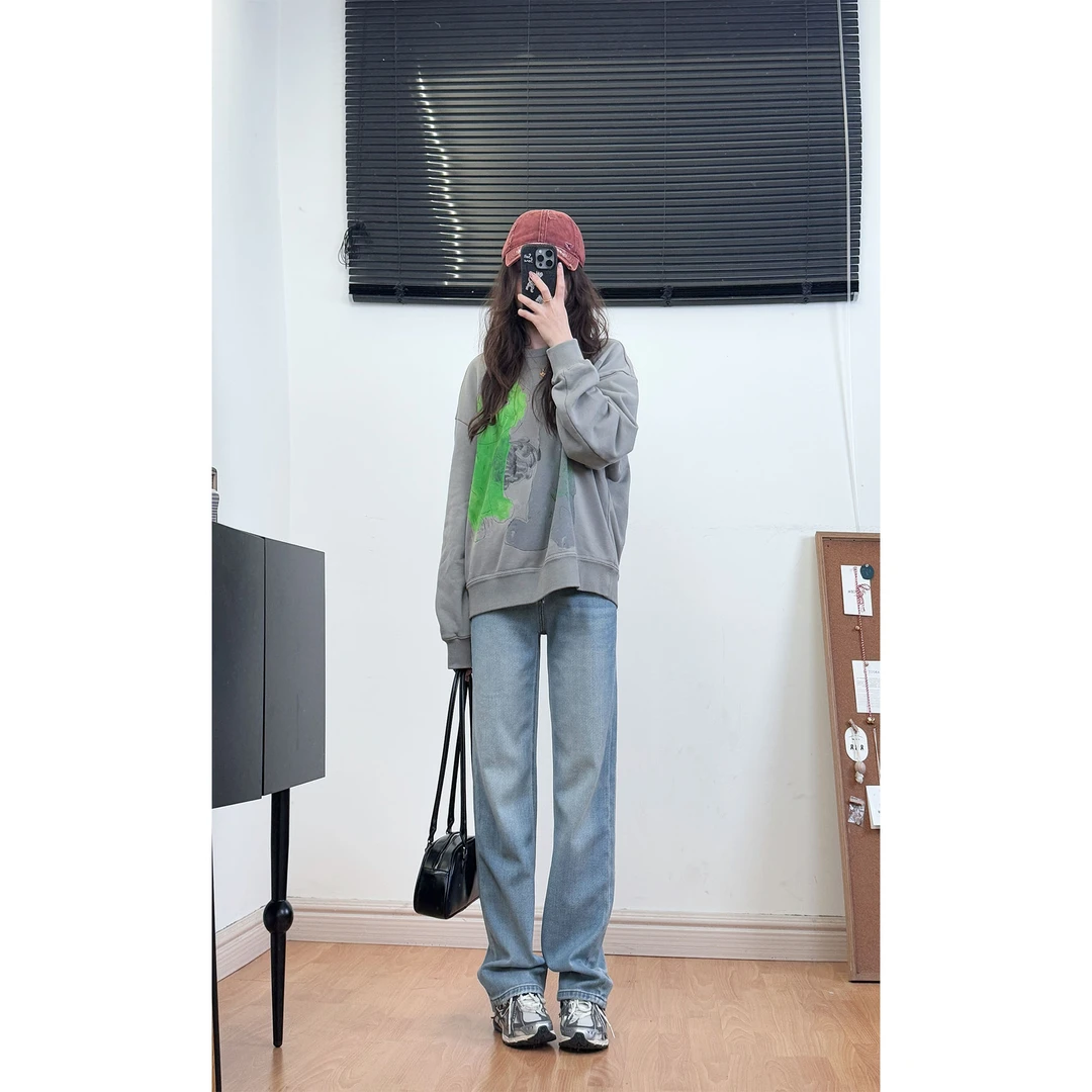 【狂人日记】秋季涂鸦泼墨莱赛尔小高腰窄版阔腿直筒蓝色牛仔裤女装