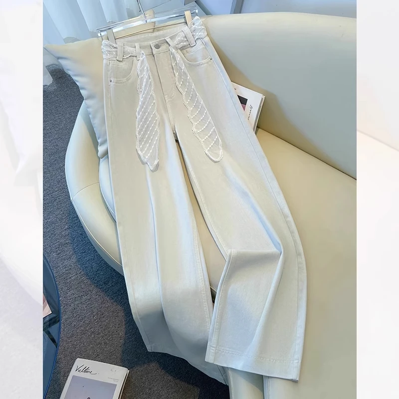 拉夏贝尔2025新款蕾丝潮流宽松休闲时尚高腰阔腿裤高腰直筒牛仔裤