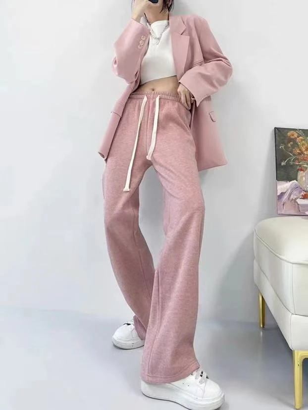 休闲拖地长裤女秋冬高腰宽松阔腿针织裤粉色Y052