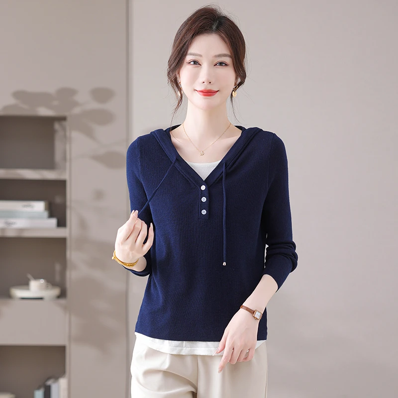 正品女装纯色连帽针织衫上衣春秋新款时尚洋气显瘦百搭长袖打底衫